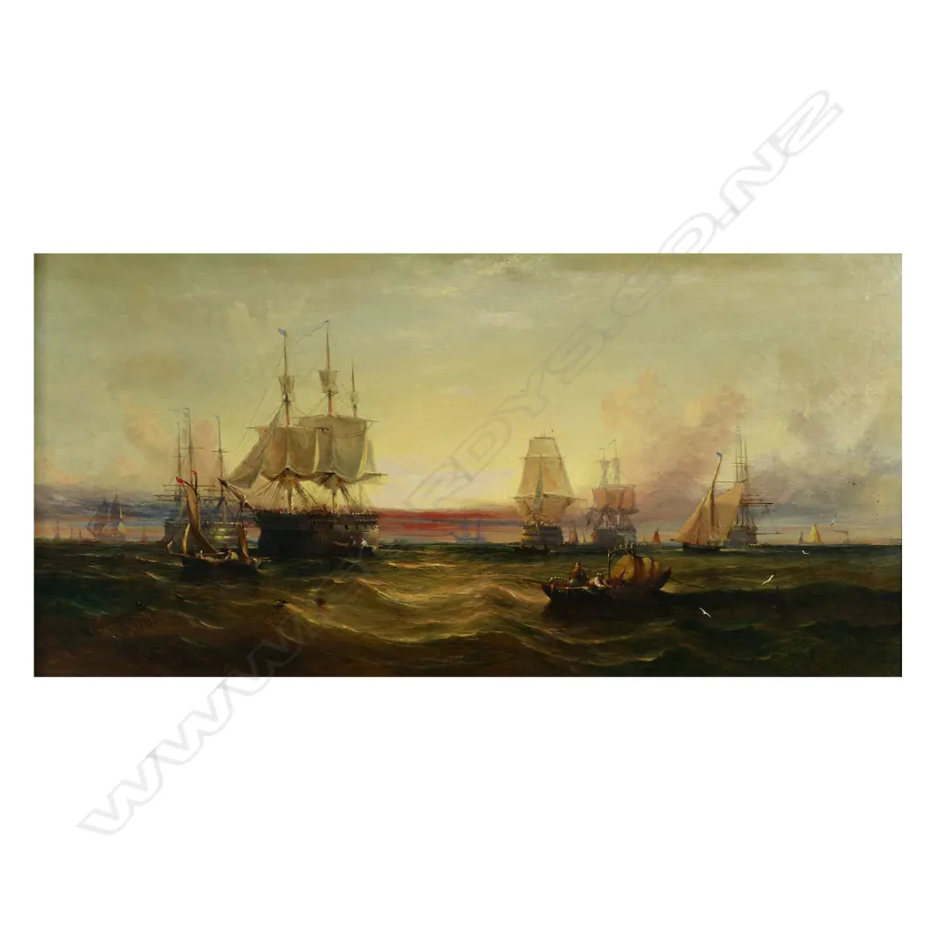 William Callcott Knell (UK 1830-1880) 'Sunset - A Line of Battleships at Anchor off Portsmouth, Image 1++
