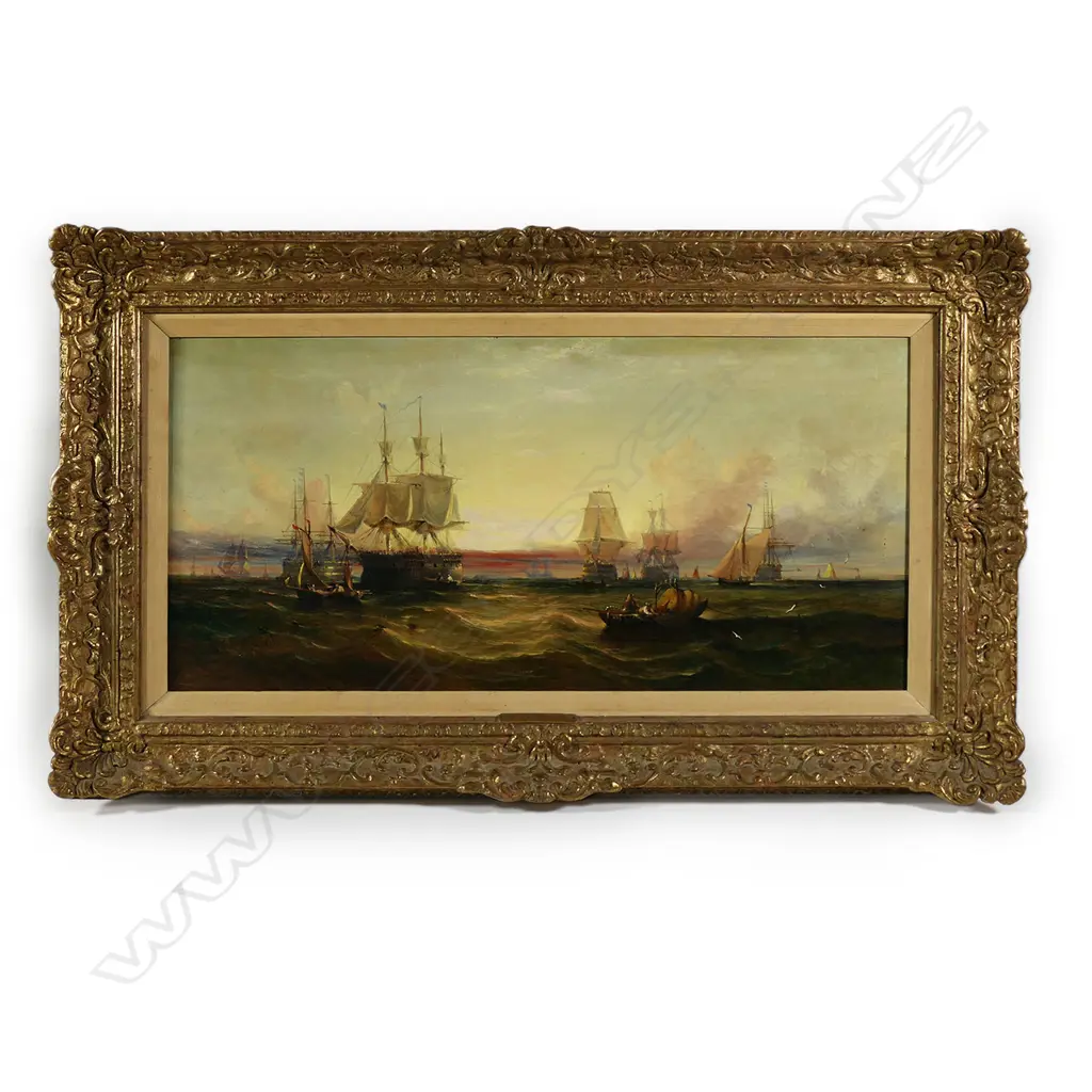 William Callcott Knell (UK 1830-1880) 'Sunset - A Line of Battleships at Anchor off Portsmouth, Image 1++