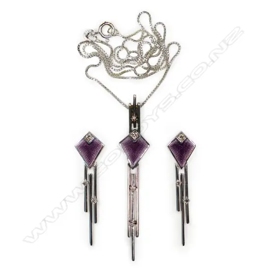 A silver Art Deco style enamel and diamond pendant and earrings,