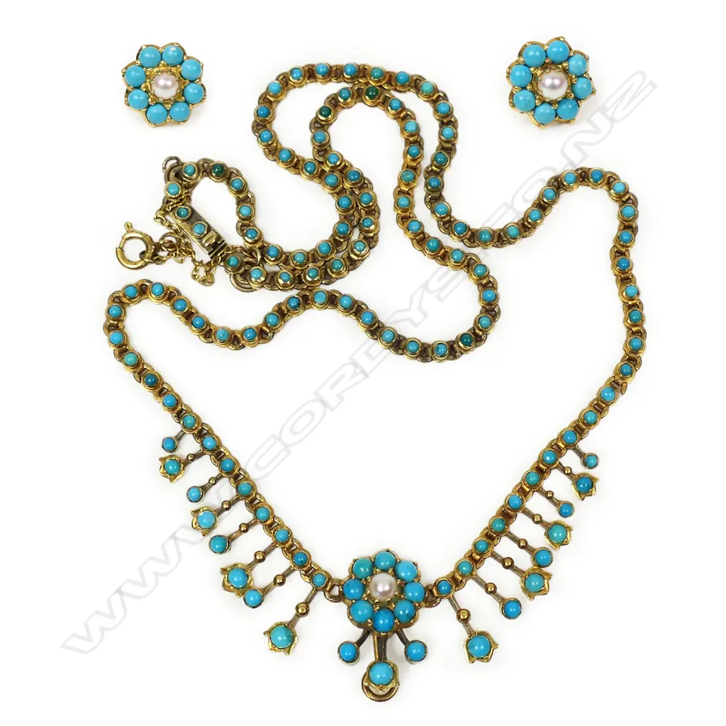 An estate 18ct gold turquoise and pearl necklace and earrings, Image 1++