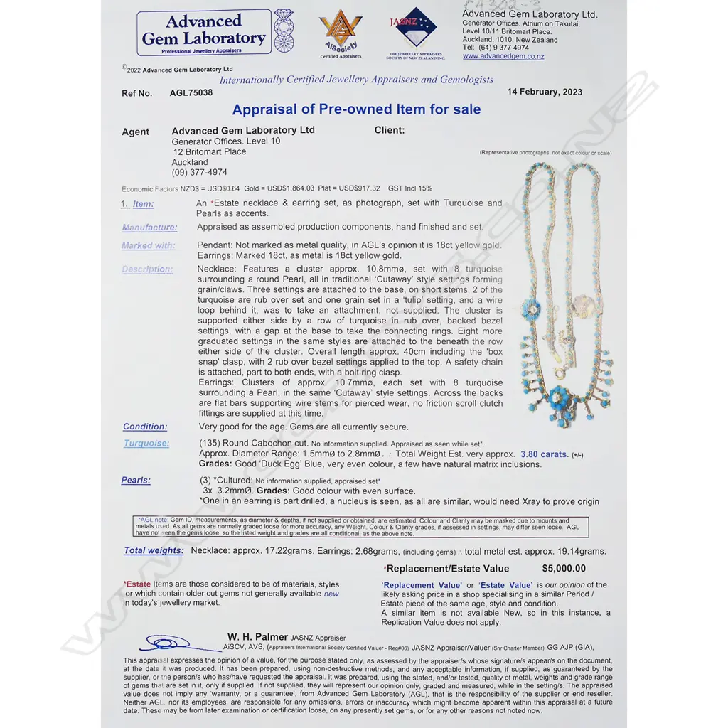 An estate 18ct gold turquoise and pearl necklace and earrings, Image 1++