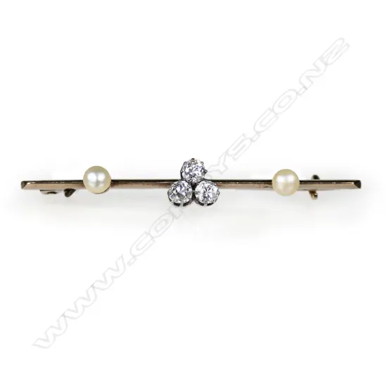 A 9ct rose gold and silver diamond and pearl bar brooch,