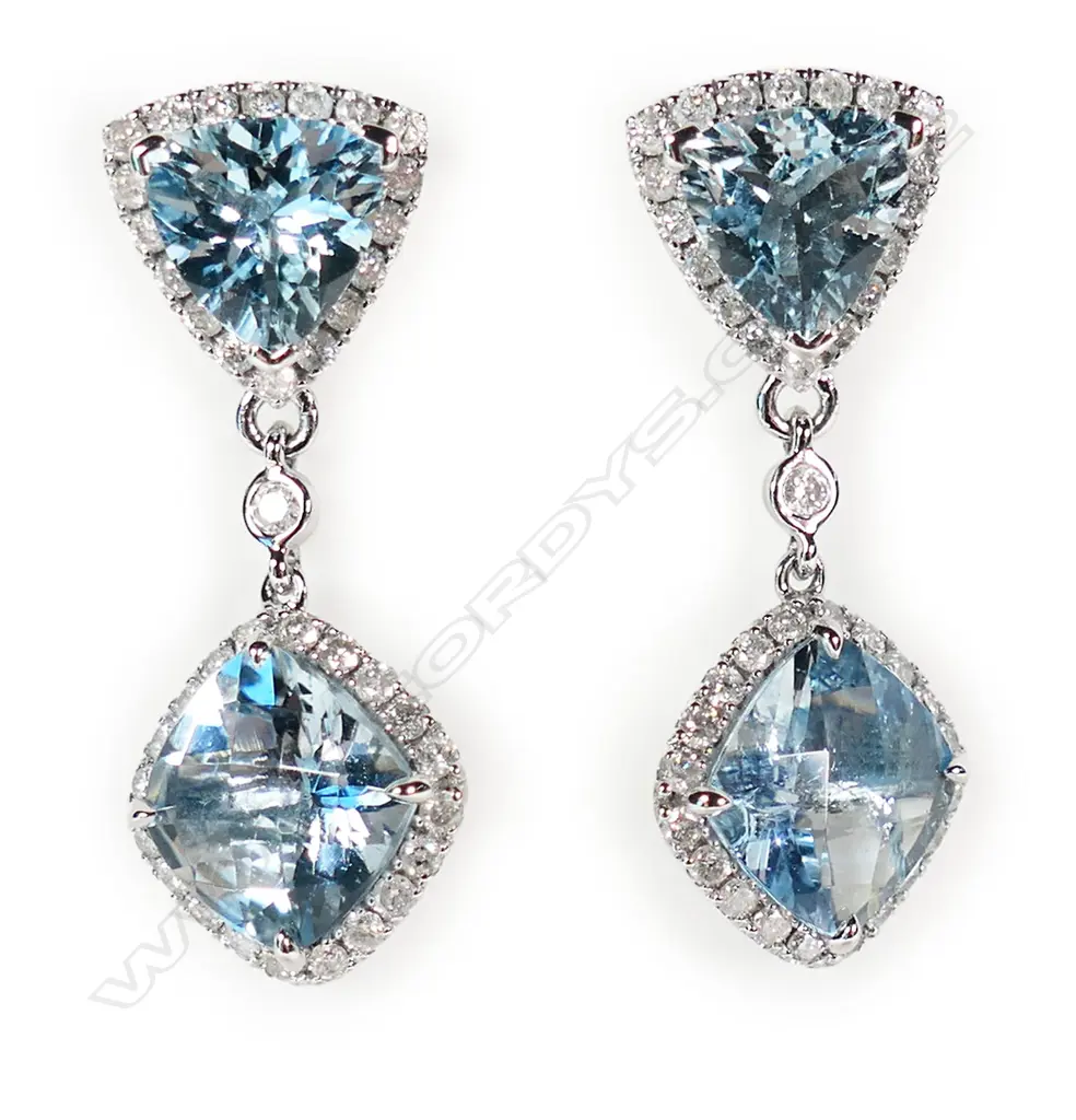 A pair of 14ct white gold aquamarine and diamond drop earrings, Image 1++
