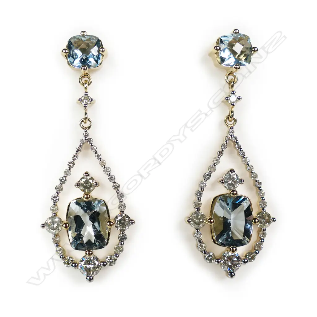 A pair of 14ct gold aquamarine and diamond statement earrings, Image 1++