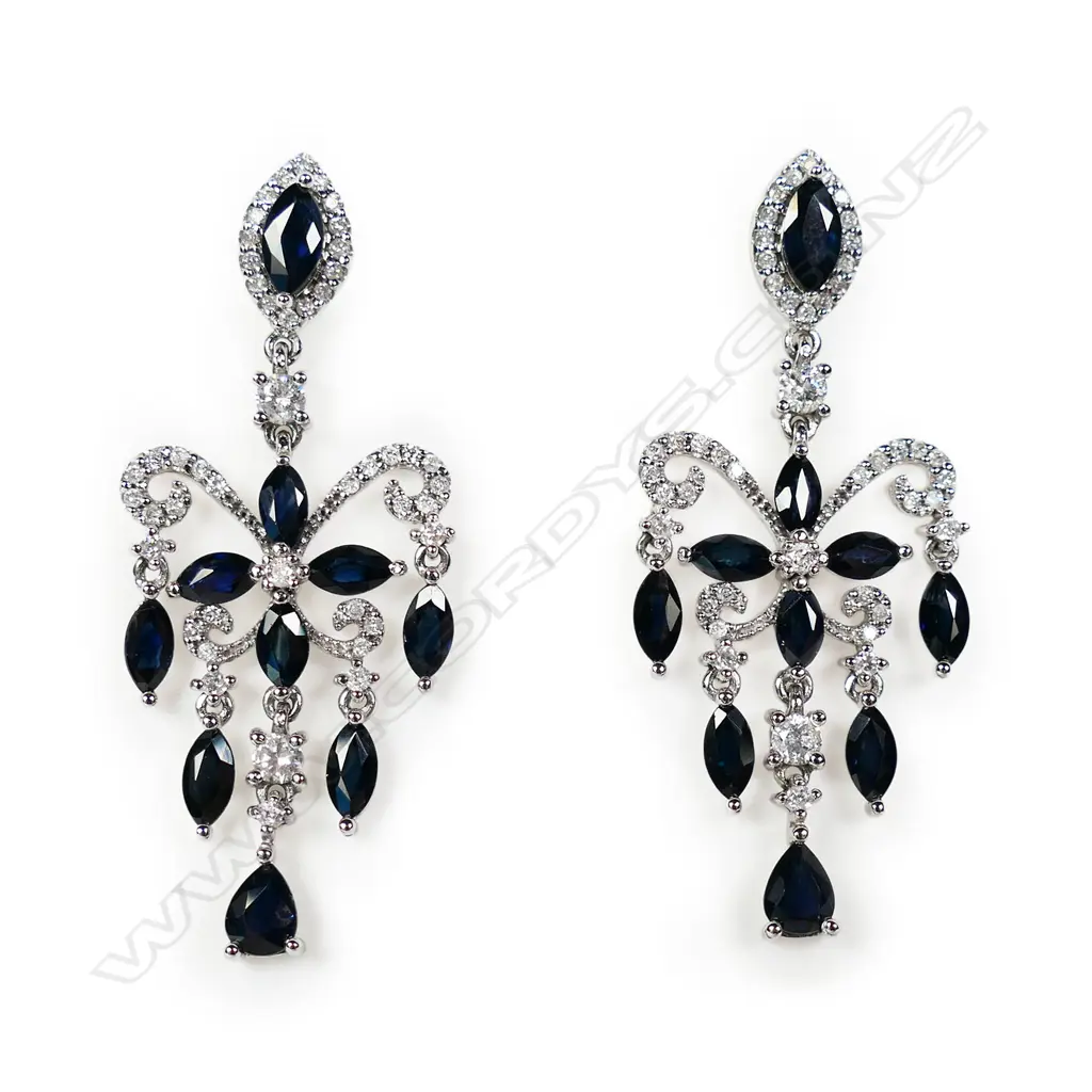A pair of 14ct white gold sapphire and diamond chandelier earrings, Image 1++
