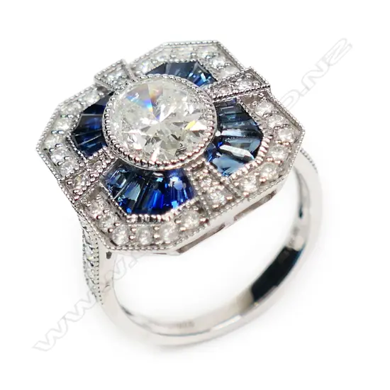 A 14ct white gold diamond and sapphire Art Deco style ring,