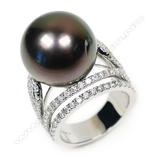 A 14ct white gold black Tahitian pearl and diamond cocktail ring,
