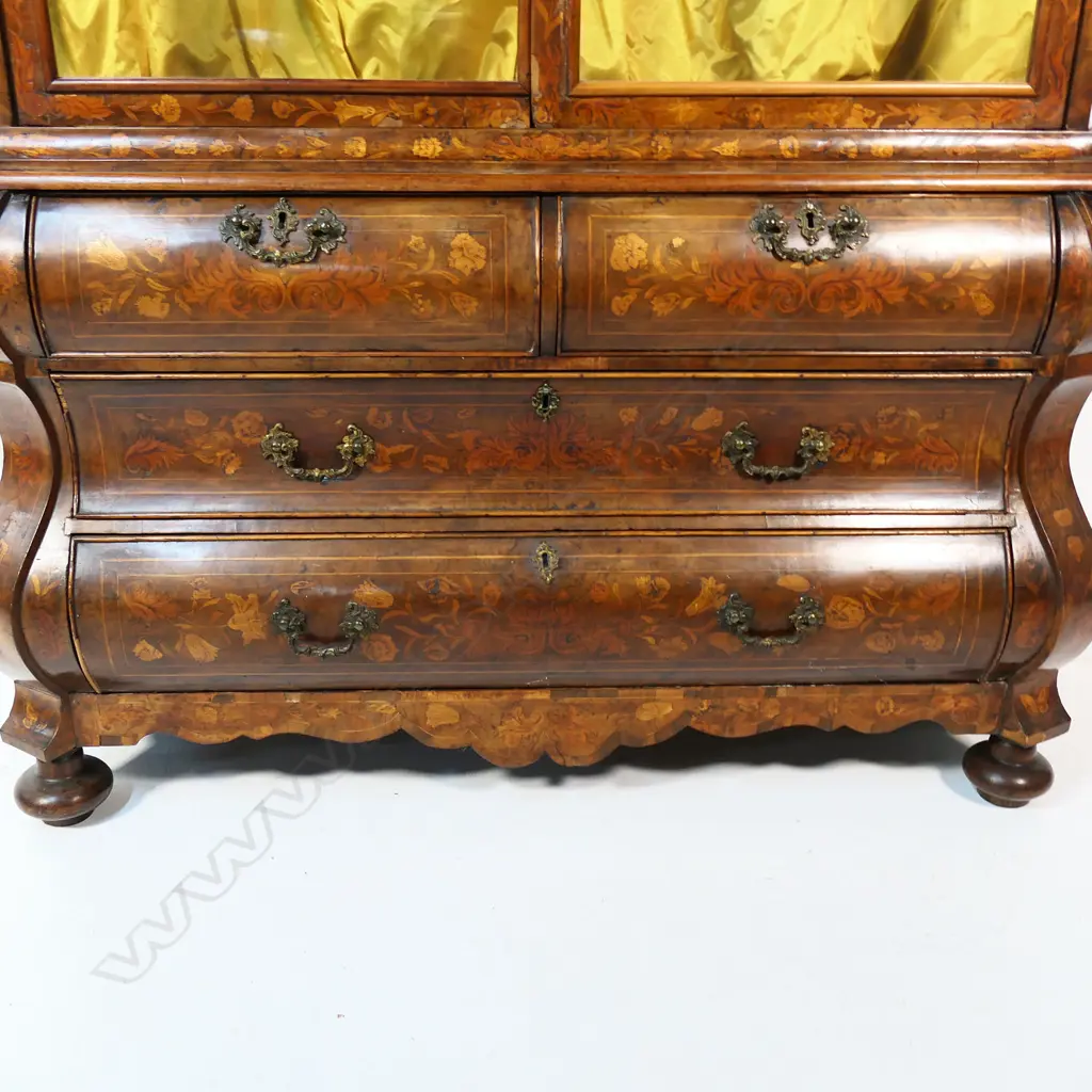 A Dutch walnut marquetry display cabinet on chest, Image 1++
