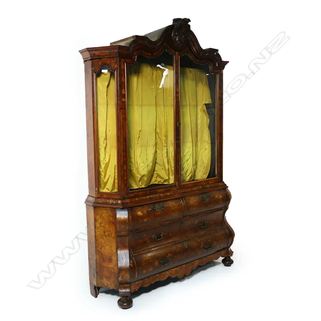 A Dutch walnut marquetry display cabinet on chest, Image 1++