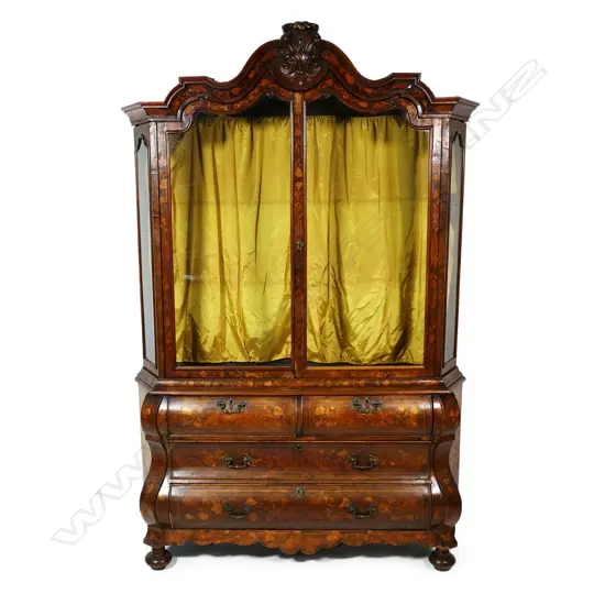 A Dutch walnut marquetry display cabinet on chest,