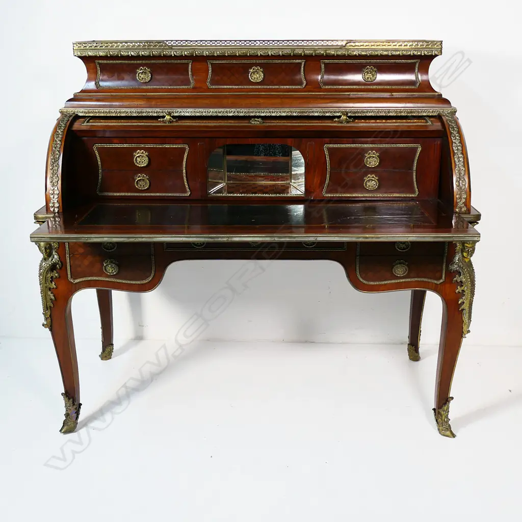 A rare and outstanding late 19thC French mahogany cylinder top Bureau du Roi, Image 1++