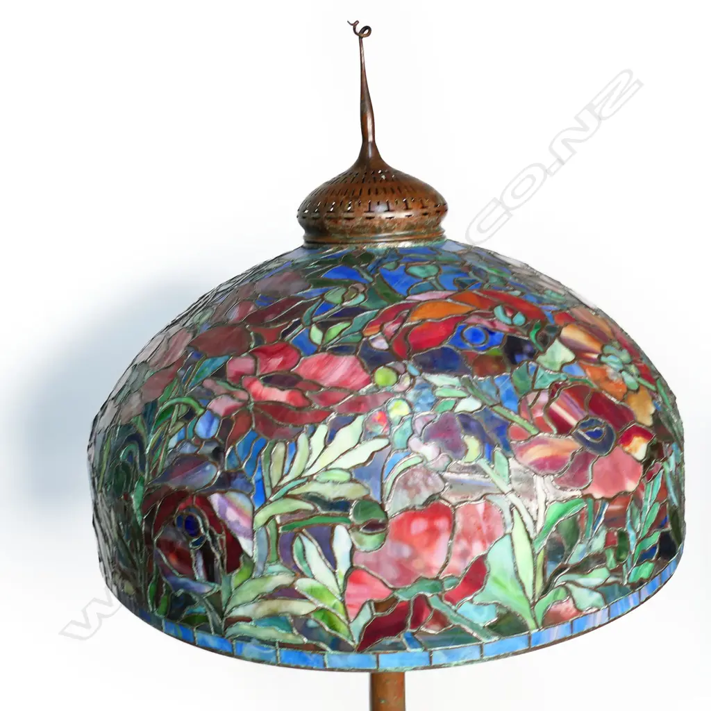 An impressive and heavy Tiffany style bronze and leaded glass shade Peony floor lamp, Image 1++