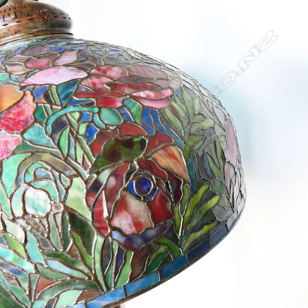 An impressive and heavy Tiffany style bronze and leaded glass shade Peony floor lamp, Image 1++