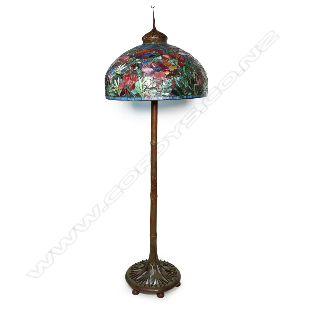 An impressive and heavy Tiffany style bronze and leaded glass shade Peony floor lamp, Image 1++