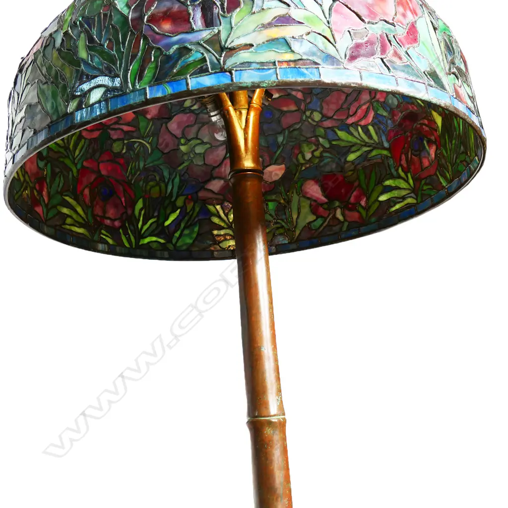 An impressive and heavy Tiffany style bronze and leaded glass shade Peony floor lamp, Image 1++