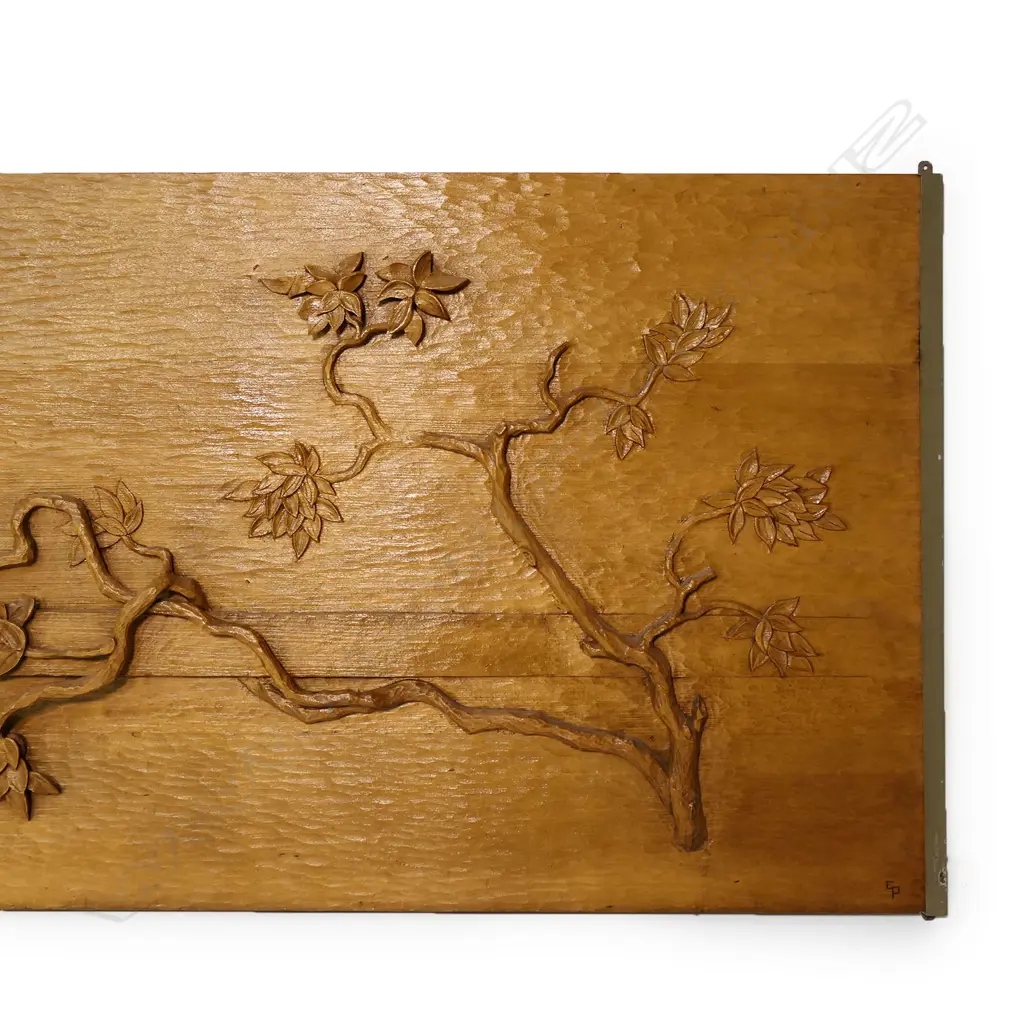 A monumental carved wood panel ' The Lute Player' by C. Parker, Image 1++
