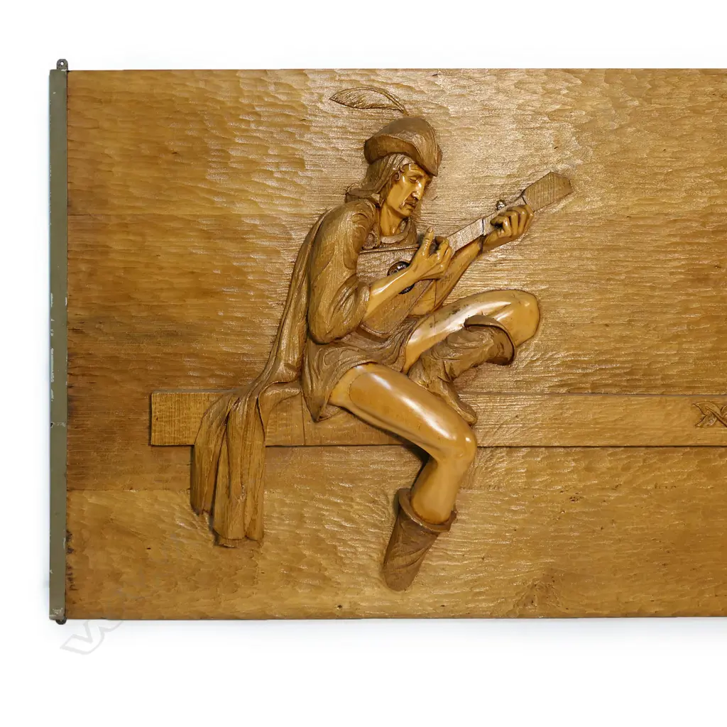 A monumental carved wood panel ' The Lute Player' by C. Parker, Image 1++