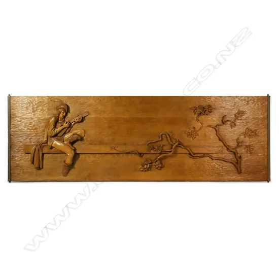 A monumental carved wood panel ' The Lute Player' by C. Parker,