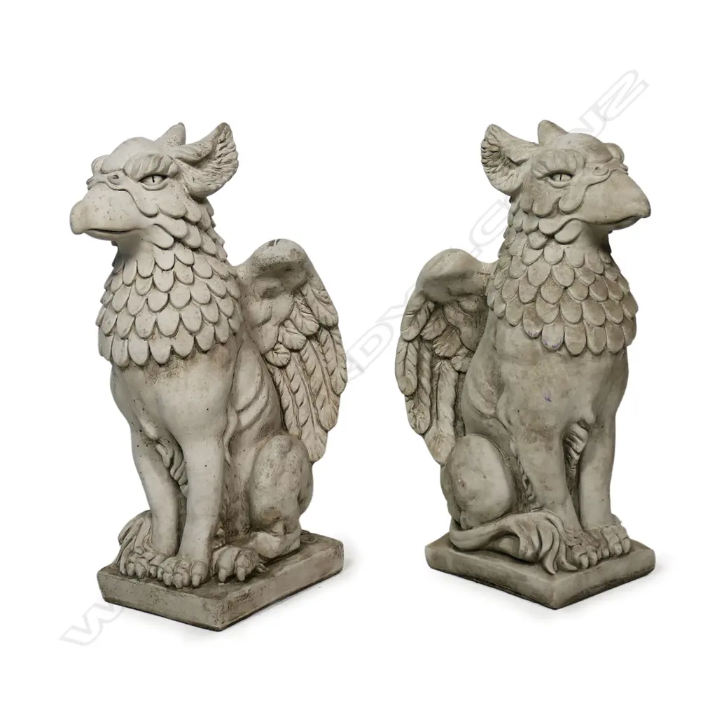 A pair of fine concrete garden/entrance seated griffins, Image 1++