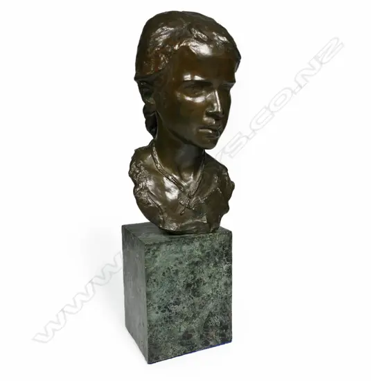 An early 1900s bronze bust of a young woman,
