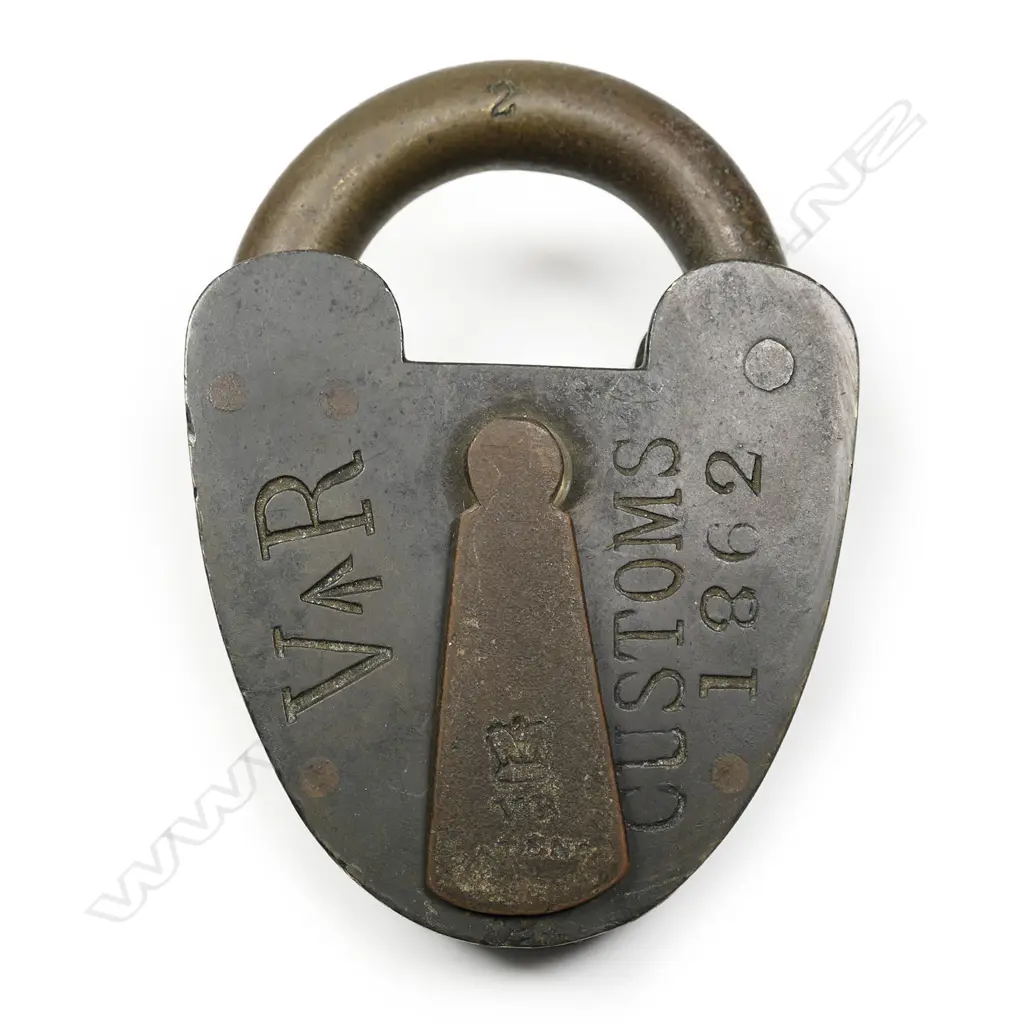 An 1862 VR Customs and military marked brass padlock. Image 1++
