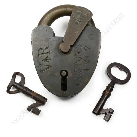 An 1862 VR Customs and military marked brass padlock.