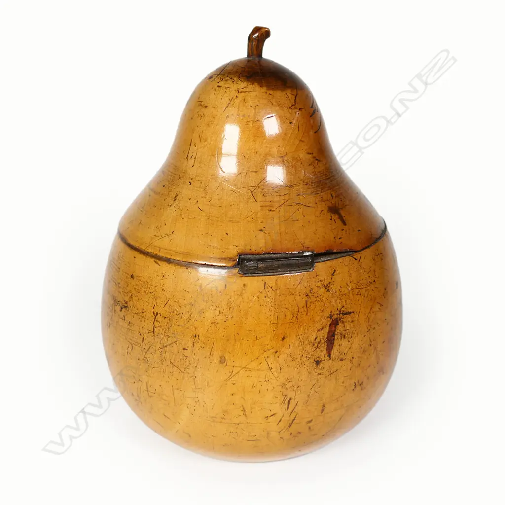 A rare 19thC fruitwood carved pear form tea caddy, Image 1++
