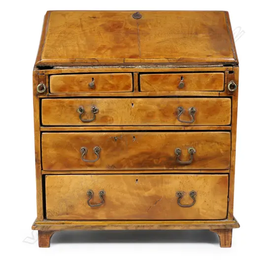 A rare George III figured walnut miniature apprentice made fall front bureau,