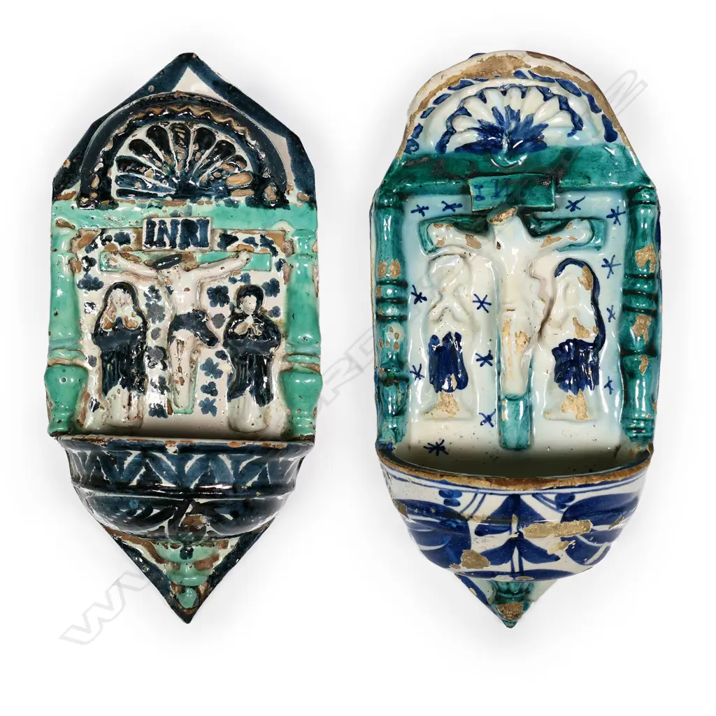 A pair of 19thC majolica holy water stoups, Image 1++