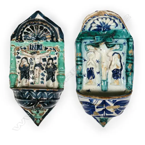 A pair of 19thC majolica holy water stoups,