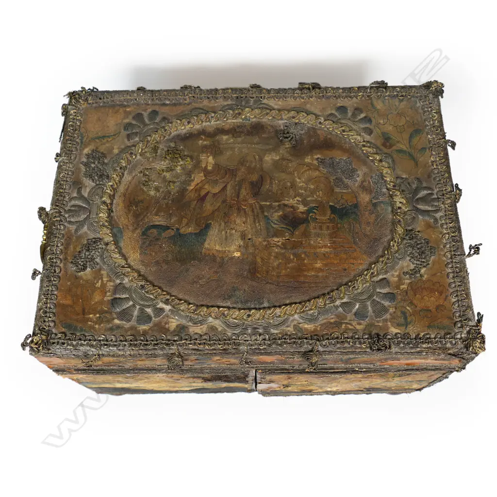 17thC silk embroidered jewellery box, Image 1++