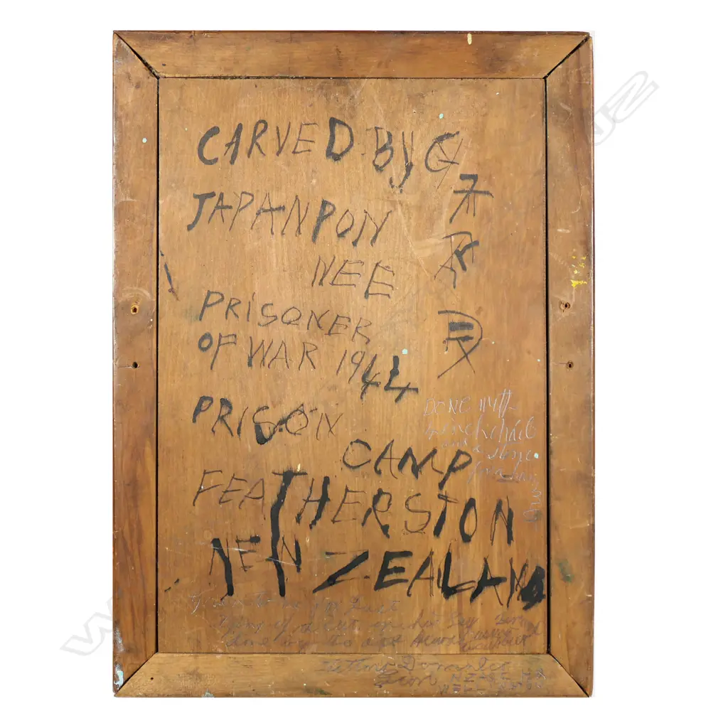 A WWII Featherston Camp (NZ) Japanese prisoner of war carved panel, Image 1++