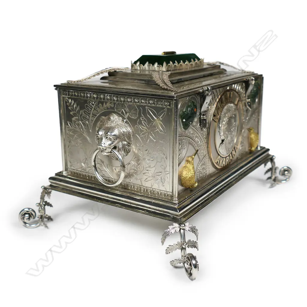 A Rare and historical New Zealand Adolph Kohn Auckland 1908.Silver 'Great White Fleet' presentation casket and document, Image 1++