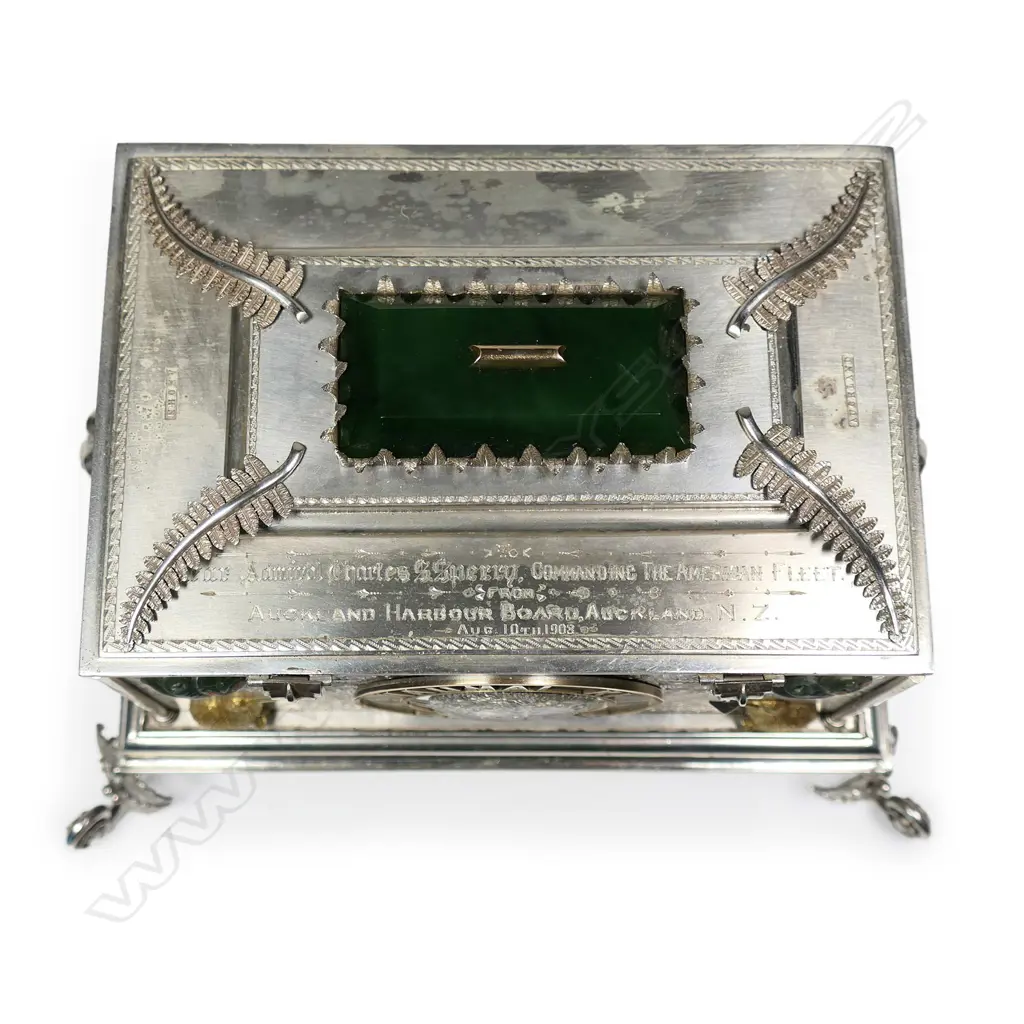 A Rare and historical New Zealand Adolph Kohn Auckland 1908.Silver 'Great White Fleet' presentation casket and document, Image 1++