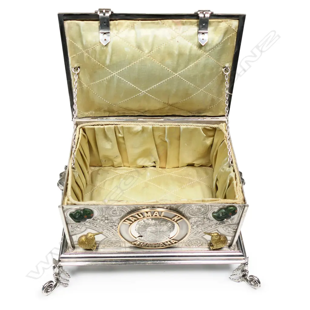 A Rare and historical New Zealand Adolph Kohn Auckland 1908.Silver 'Great White Fleet' presentation casket and document, Image 1++