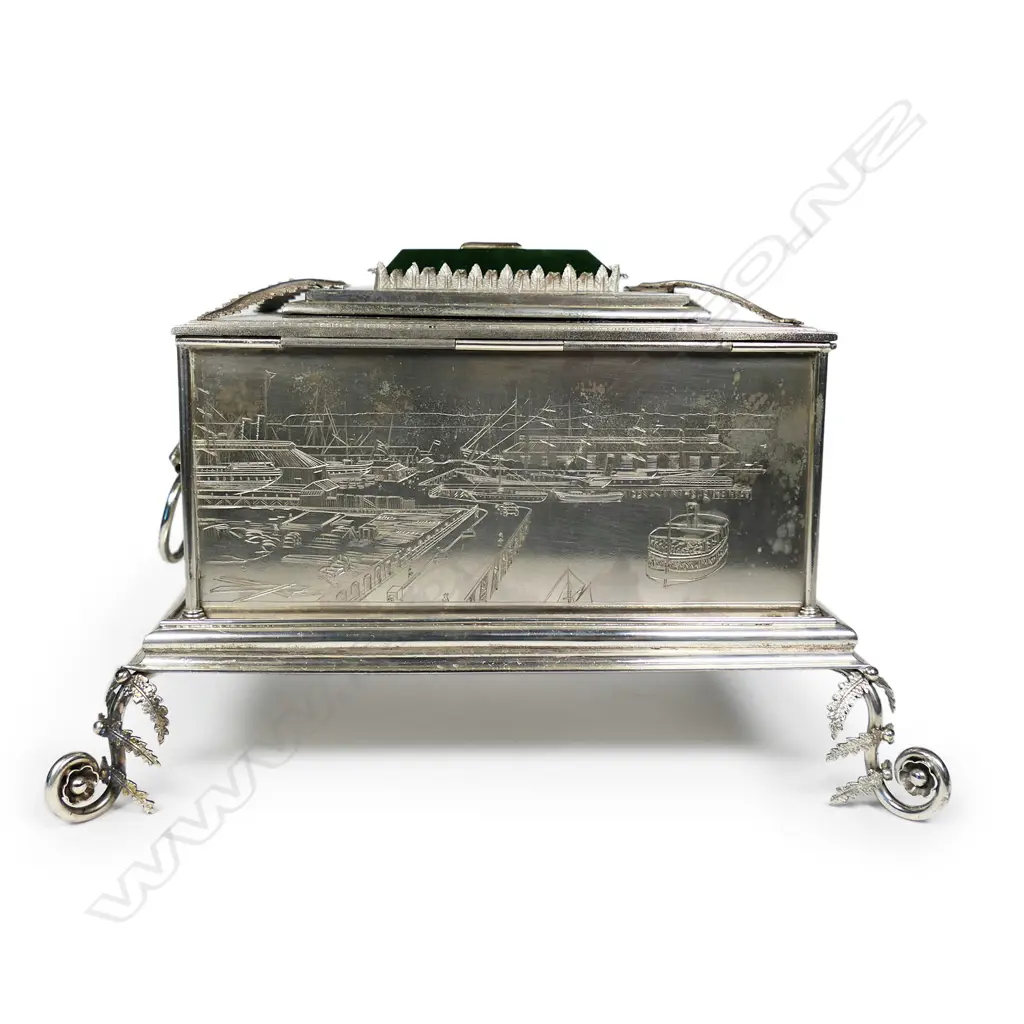 A Rare and historical New Zealand Adolph Kohn Auckland 1908.Silver 'Great White Fleet' presentation casket and document, Image 1++