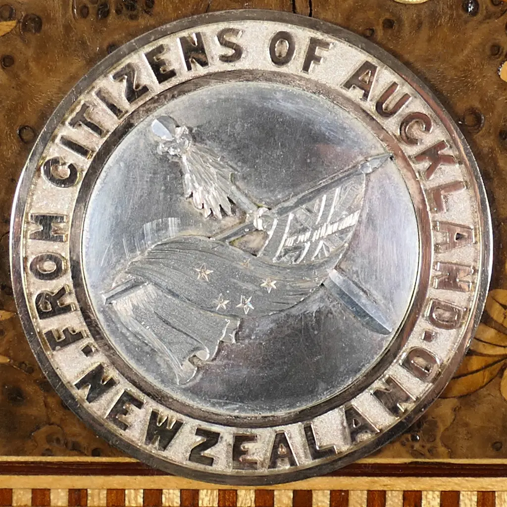 A Rare and historical New Zealand Adolph Kohn Auckland 1908.Silver 'Great White Fleet' presentation casket and document, Image 1++