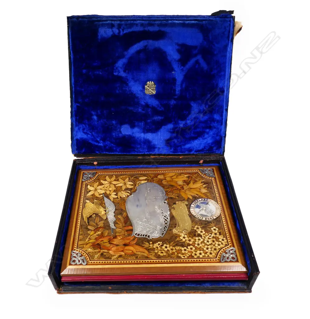 A Rare and historical New Zealand Adolph Kohn Auckland 1908.Silver 'Great White Fleet' presentation casket and document, Image 1++