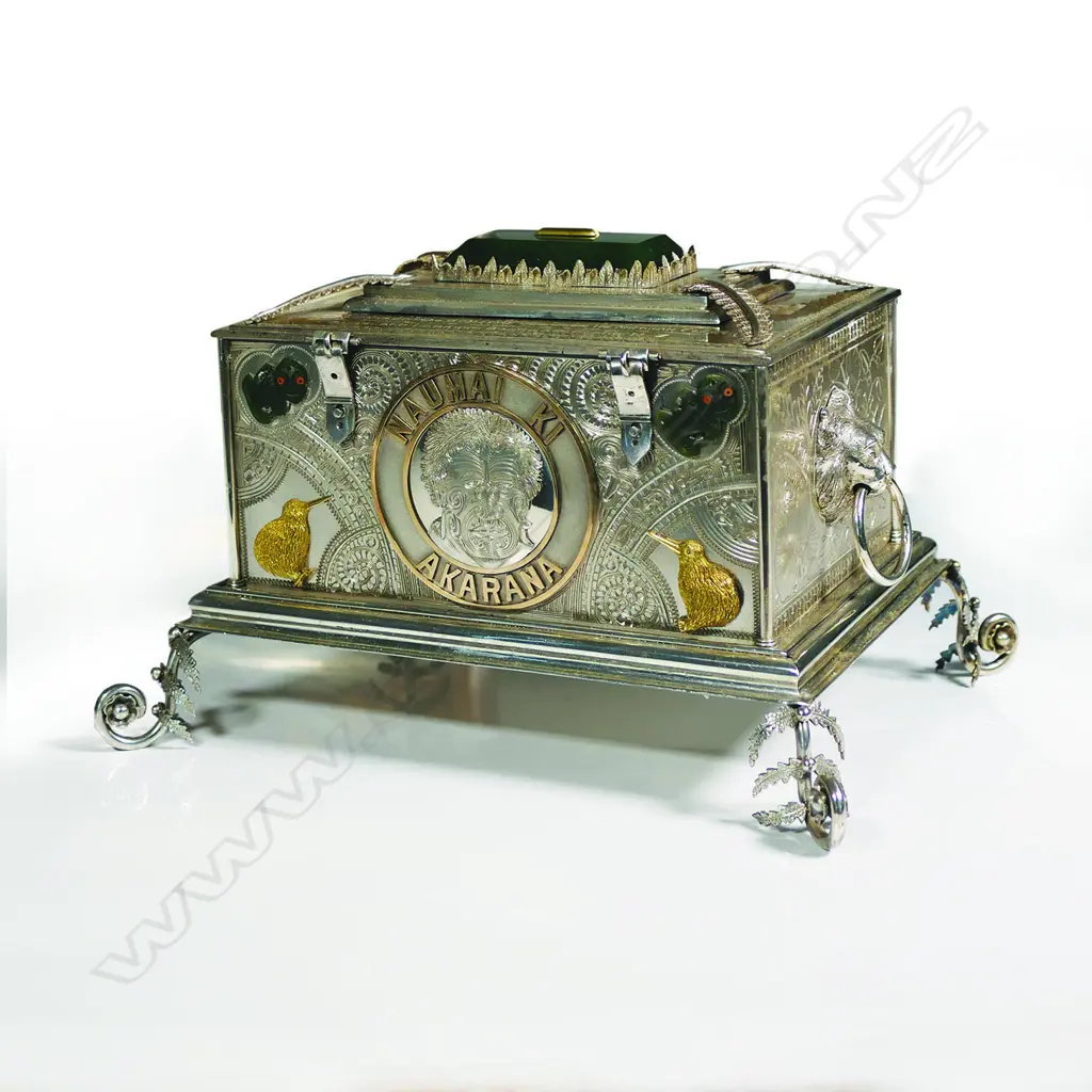 A Rare and historical New Zealand Adolph Kohn Auckland 1908.Silver 'Great White Fleet' presentation casket and document, Image 1++