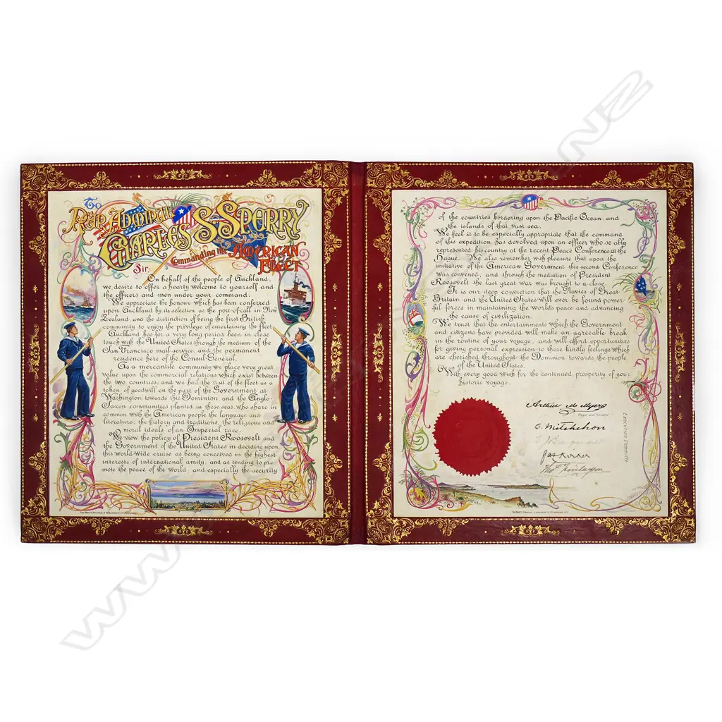 A Rare and historical New Zealand Adolph Kohn Auckland 1908.Silver 'Great White Fleet' presentation casket and document, Image 1++