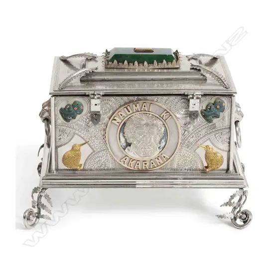 A Rare and historical New Zealand Adolph Kohn Auckland 1908.Silver 'Great White Fleet' presentation casket and document,