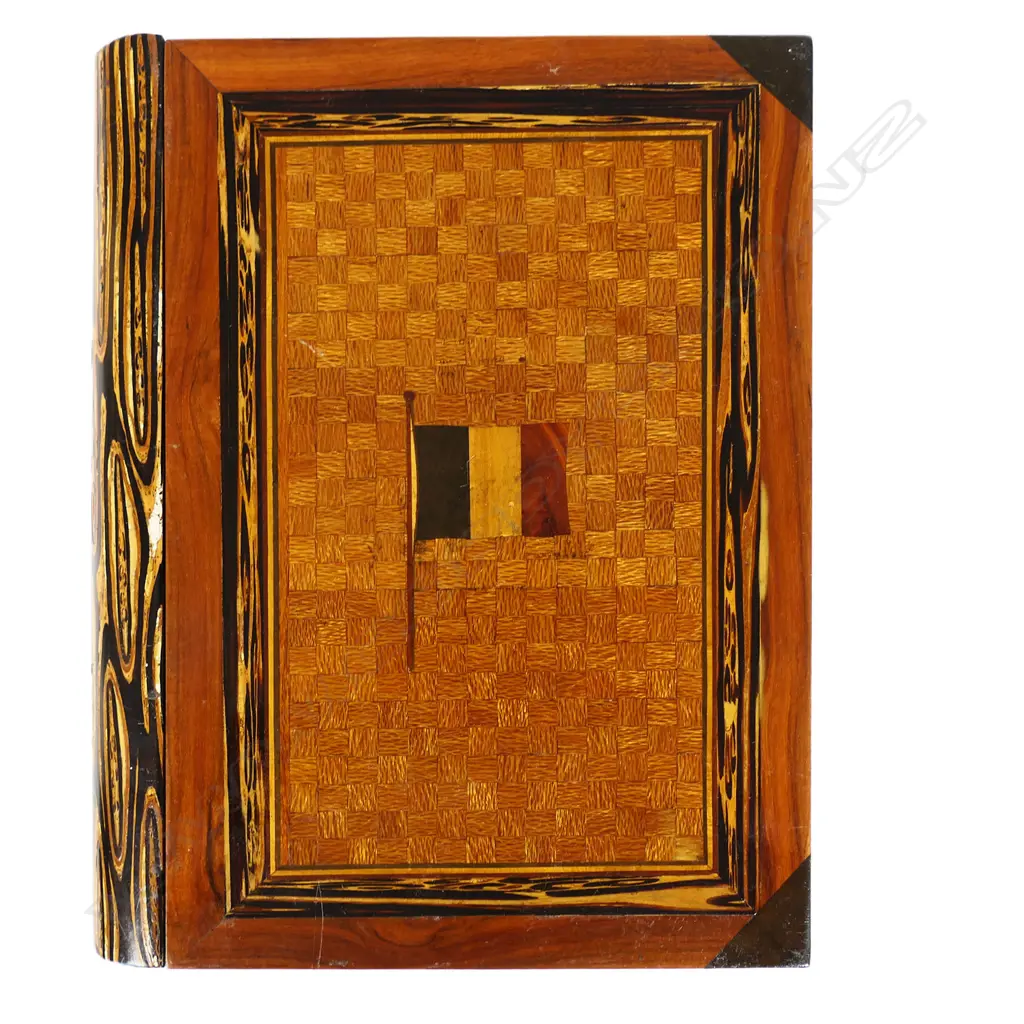 An inlaid NZ timber box in book form, Image 1++