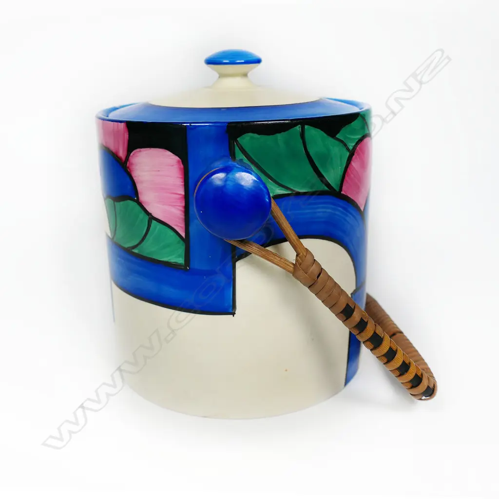 A c.1930 uncommon Clarice Cliff Bizarre Latona Dahlia biscuit barrel, Image 1++