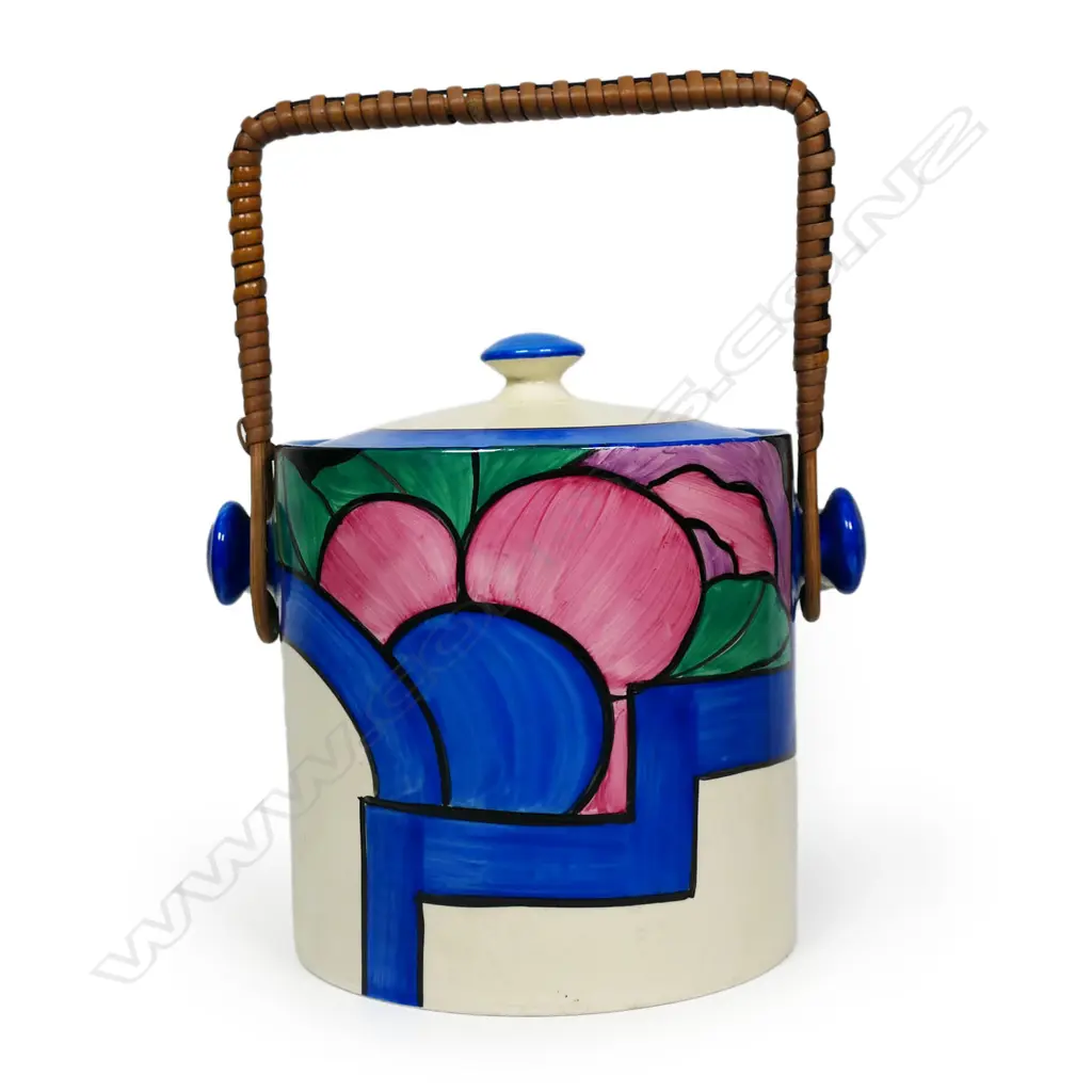 A c.1930 uncommon Clarice Cliff Bizarre Latona Dahlia biscuit barrel, Image 1++