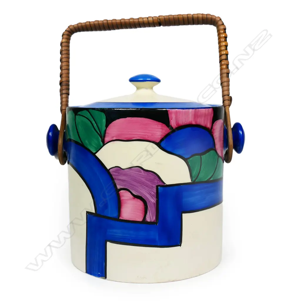 A c.1930 uncommon Clarice Cliff Bizarre Latona Dahlia biscuit barrel, Image 1++