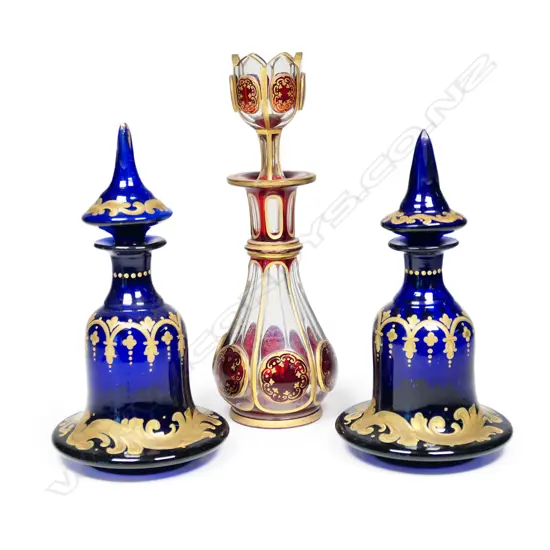Three 19thC Bohemian glass perfume bottles,