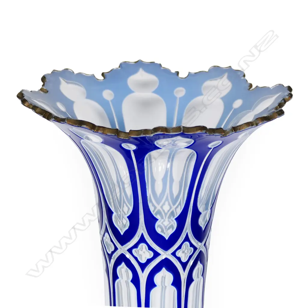 A tall 19thC Bohemian blue and white flashed two section vase, Image 1++
