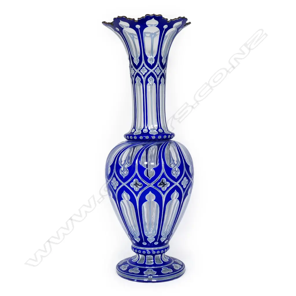 A tall 19thC Bohemian blue and white flashed two section vase, Image 1++