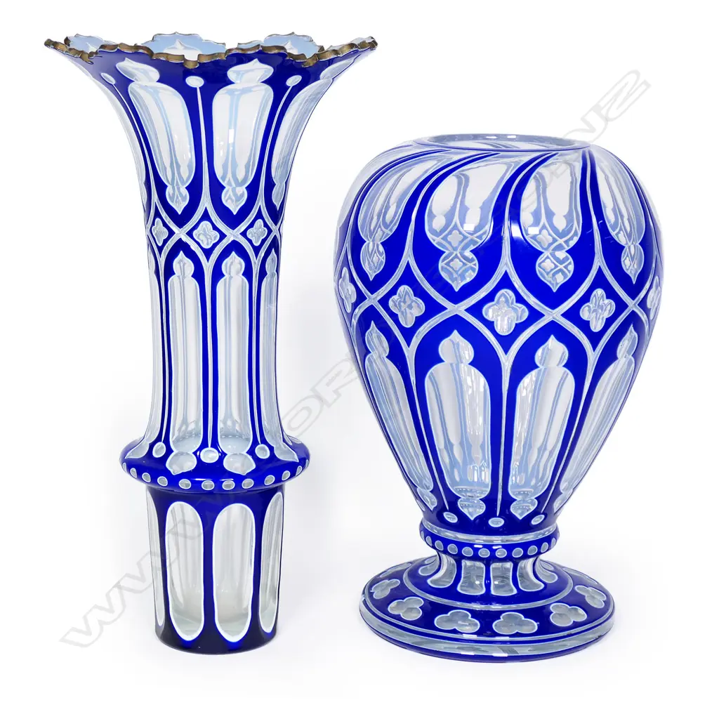 A tall 19thC Bohemian blue and white flashed two section vase, Image 1++