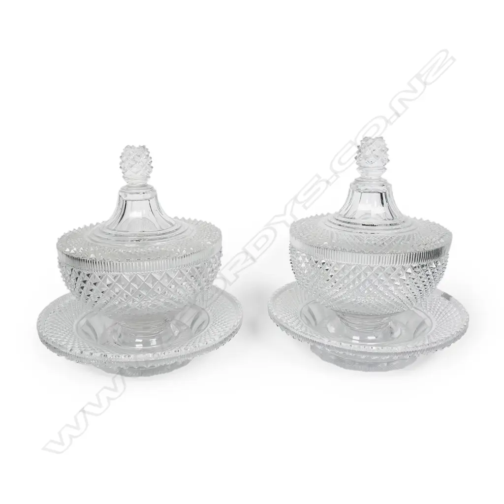 A quality pair of Victorian cut crystal lidded sweetmeat bowls on trays, Image 1++